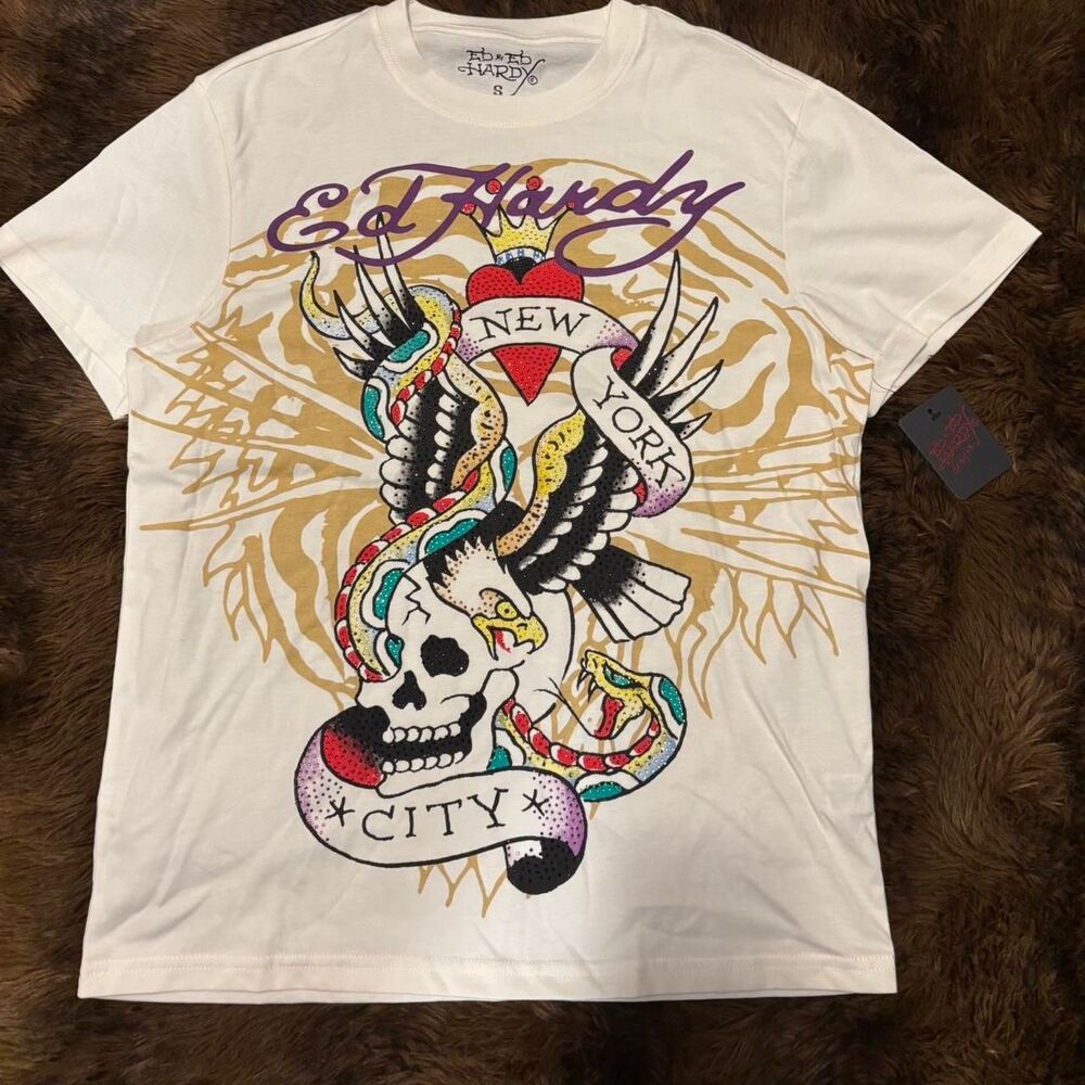 NWT Men’s Small off-white Ed Hardy NYC Rhinestone T-Shirt Screen Print Graphic